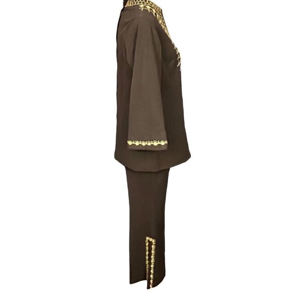 60’s/ 70’s Brown and Gold Tunic and Pants Suit Ornate Gold Trim S/M - Picture 2 of 14